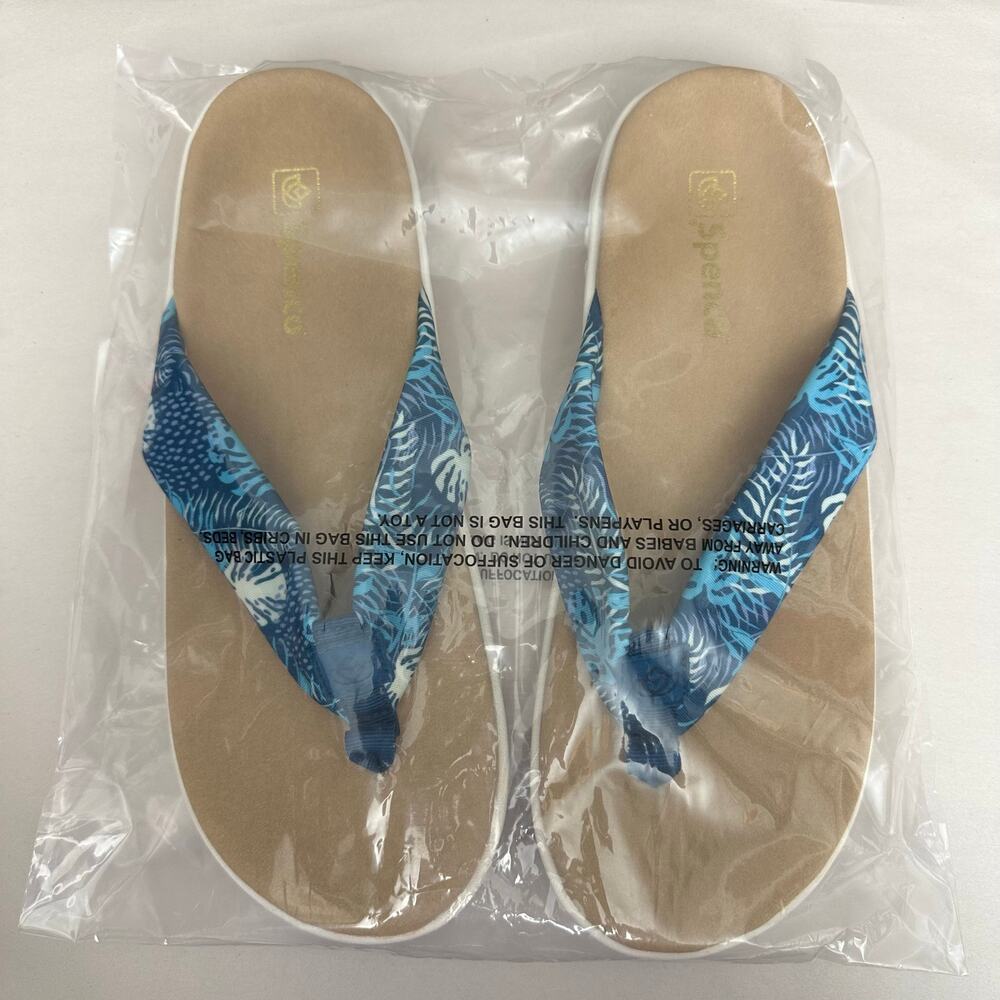 Spenco Victoria Arch Support Orthotic Sandals Tropical Blue Leaf Print - Size 12
